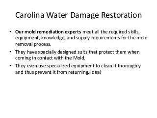 Carolina Water Damage Restoration
• Our mold remediation experts meet all the required skills,
equipment, knowledge, and supply requirements for the mold
removal process.
• They have specially designed suits that protect them when
coming in contact with the Mold.
• They even use specialized equipment to clean it thoroughly
and thus prevent it from returning. idea!
 