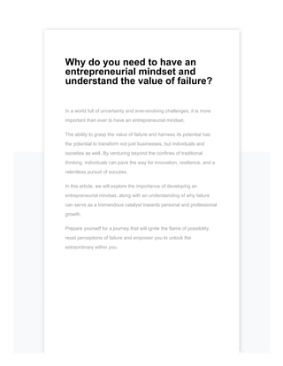 Why do you need to have an entrepreneurial mindset and understand the ...