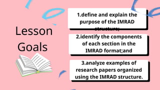 Lesson
Goals
1.define and explain the
purpose of the IMRAD
structure;
2.identify the components
of each section in the
IMRAD format;and
3.analyze examples of
research papers organized
using the IMRAD structure.
 