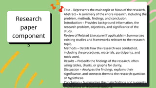 Research
paper
component
s
Title – Represents the main topic or focus of the research.
Abstract – A summary of the entire research, including the
problem, methods, findings, and conclusion.
Introduction – Provides background information, the
research problem, objectives, and significance of the
study.
Review of Related Literature (if applicable) – Summarizes
existing studies and frameworks relevant to the research
topic.
Methods – Details how the research was conducted,
including the procedures, materials, participants, and
tools used.
Results – Presents the findings of the research, often
using tables, charts, or graphs for clarity.
Discussion – Analyzes the findings, explains their
significance, and connects them to the research question
or hypothesis.
Conclusion – Summarizes the main findings and suggests
implications or recommendations.
 