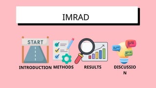 IMRAD
INTRODUCTION METHODS RESULTS DISCUSSIO
N
 