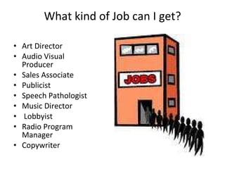 What kind of Job can I get? Art Director Audio Visual Producer Sales Associate Publicist  Speech Pathologist Music Director   Lobbyist Radio Program Manager Copywriter   