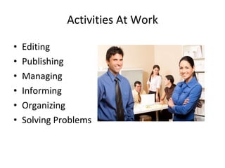 Activities At Work Editing Publishing Managing  Informing Organizing Solving Problems   