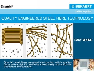 QUALITY ENGINEERED STEEL FIBRE TECHNOLOGY Dramix ®  steel fibres are glued into bundles, which enables fibres with a high l/d ratio to be mixed easily and uniformly throughout the concrete. EASY MIXING 