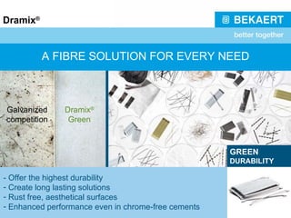 A FIBRE SOLUTION FOR EVERY NEED GREEN DURABILITY - Offer the highest durability Create long lasting solutions Rust free, aesthetical surfaces Enhanced performance even in chrome-free cements Galvanized competition Dramix ® Green 