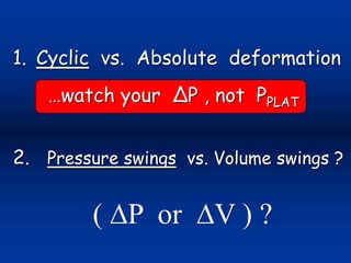 1. Cyclic vs. Absolute deformation
…watch your ∆P , not PPLAT
2. Pressure swings vs. Volume swings ?
( ∆P or ∆V ) ?
 
