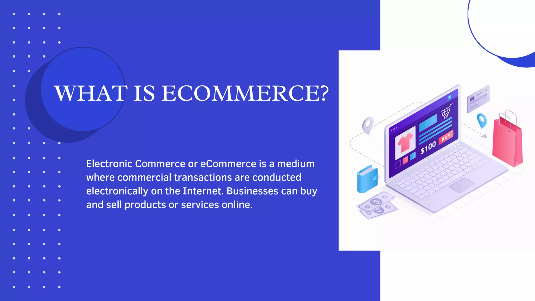 WHAT IS ECOMMERCE?
Electronic Commerce or eCommerce is a medium
where commercial transactions are conducted
electronically on the Internet. Businesses can buy
and sell products or services online.
 