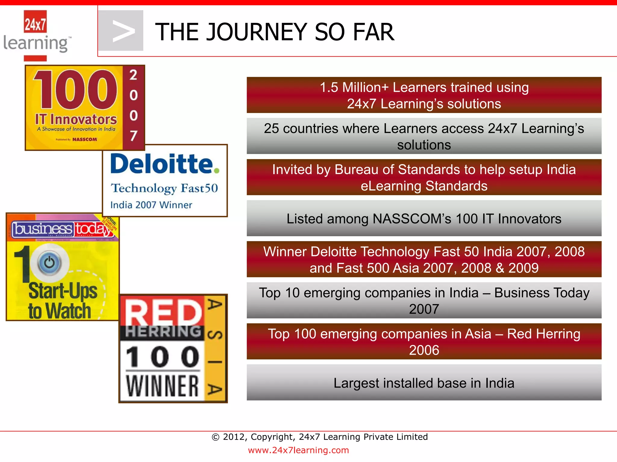 > THE JOURNEY SO FAR
   >
                              1.5 Million+ Learners trained using
                                  24x7 Learning’s solutions
                  25 countries where Learners access 24x7 Learning’s
                                       solutions
                    Invited by Bureau of Standards to help setup India
                                   eLearning Standards

                       Listed among NASSCOM’s 100 IT Innovators

                  Winner Deloitte Technology Fast 50 India 2007, 2008
                         and Fast 500 Asia 2007, 2008 & 2009
                 Top 10 emerging companies in India – Business Today
                                      2007
                   Top 100 emerging companies in Asia – Red Herring
                                       2006

                                  Largest installed base in India


       © 2012, Copyright, 24x7 Learning Private Limited
               www.24x7learning.com
 
