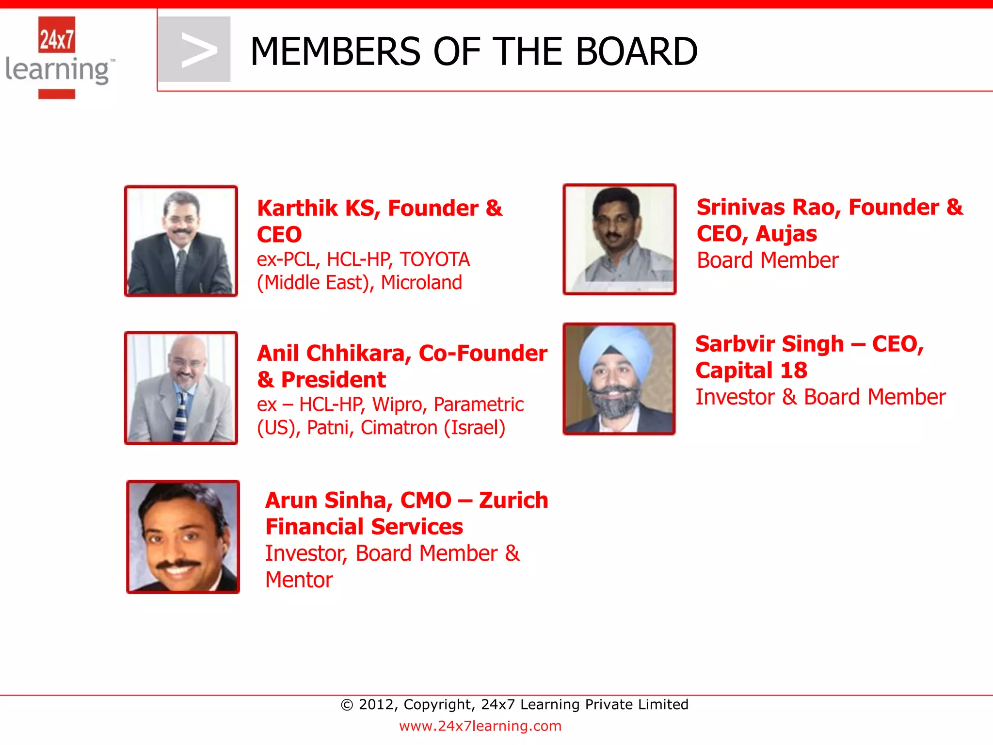 > MEMBERS OF THE BOARD
   >
   Karthik KS, Founder &                                       Srinivas Rao, Founder &
   CEO                                                         CEO, Aujas
   ex-PCL, HCL-HP, TOYOTA                                      Board Member
   (Middle East), Microland


   Anil Chhikara, Co-Founder                                   Sarbvir Singh – CEO,
   & President                                                 Capital 18
   ex – HCL-HP, Wipro, Parametric                              Investor & Board Member
   (US), Patni, Cimatron (Israel)


   Arun Sinha, CMO – Zurich
   Financial Services
   Investor, Board Member &
   Mentor




            © 2012, Copyright, 24x7 Learning Private Limited
                    www.24x7learning.com
 
