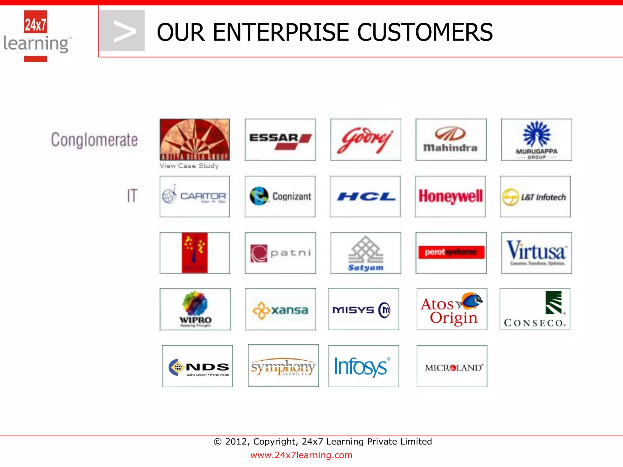 >   OUR ENTERPRISE CUSTOMERS




        © 2012, Copyright, 24x7 Learning Private Limited
                www.24x7learning.com
 