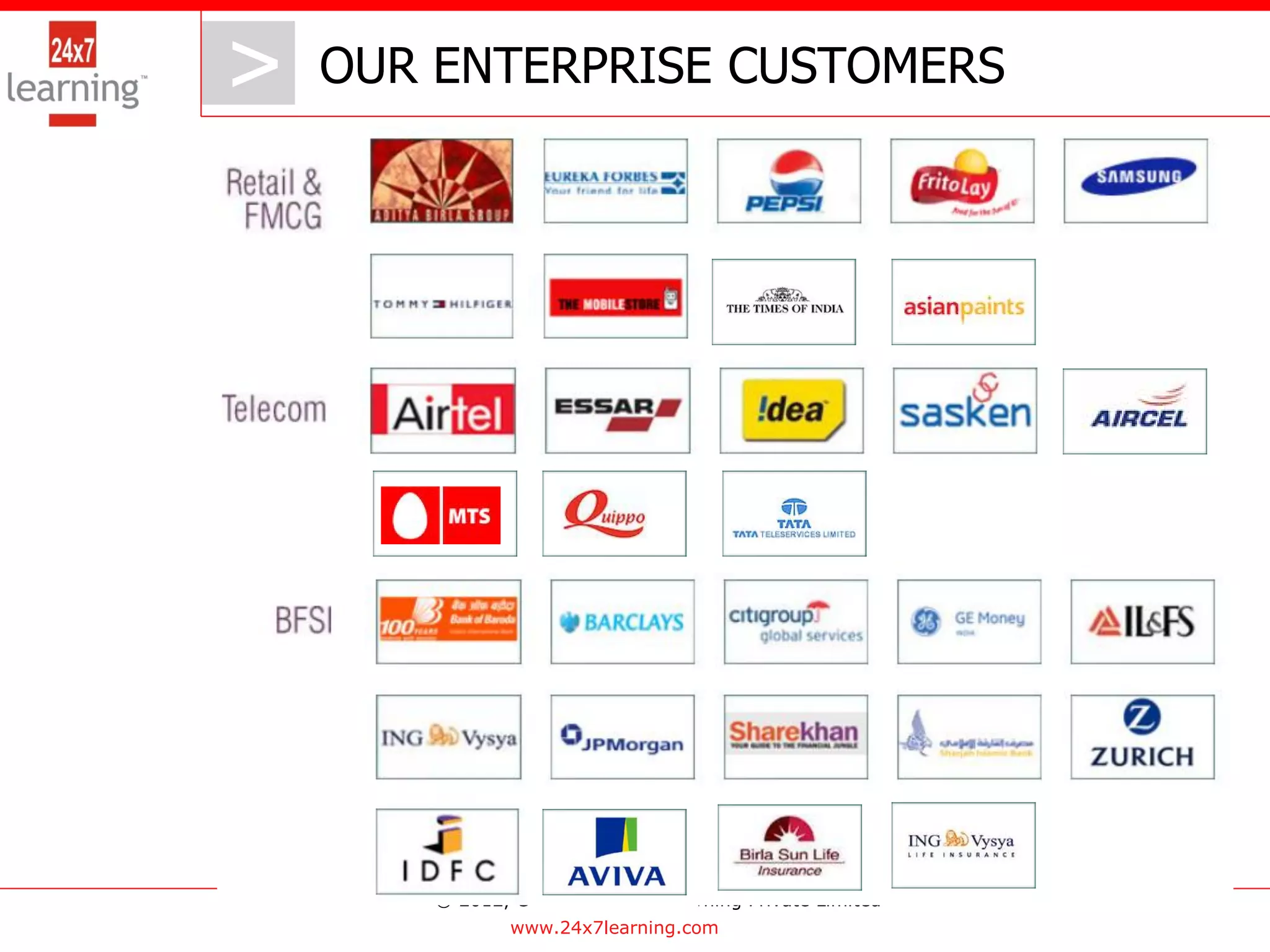 >   OUR ENTERPRISE CUSTOMERS




        © 2012, Copyright, 24x7 Learning Private Limited
                www.24x7learning.com
 