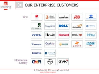 >   OUR ENTERPRISE CUSTOMERS




        © 2012, Copyright, 24x7 Learning Private Limited
                www.24x7learning.com
 