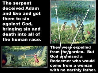 The serpent
deceived Adam
and Eve and got
them to sin
against God,
bringing sin and
death into all of
the human race.
They were expelled
from the garden. But
God promised a
Redeemer who would
come from a woman
with no earthly father.
 