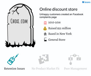 Raised $52 million
Based in New York
2010-2016Choxi.com
Online discount store
General Store
Unhappy customers created an Facebook
complaints page
Retention Issues No Product Market Fit Poor Management
 