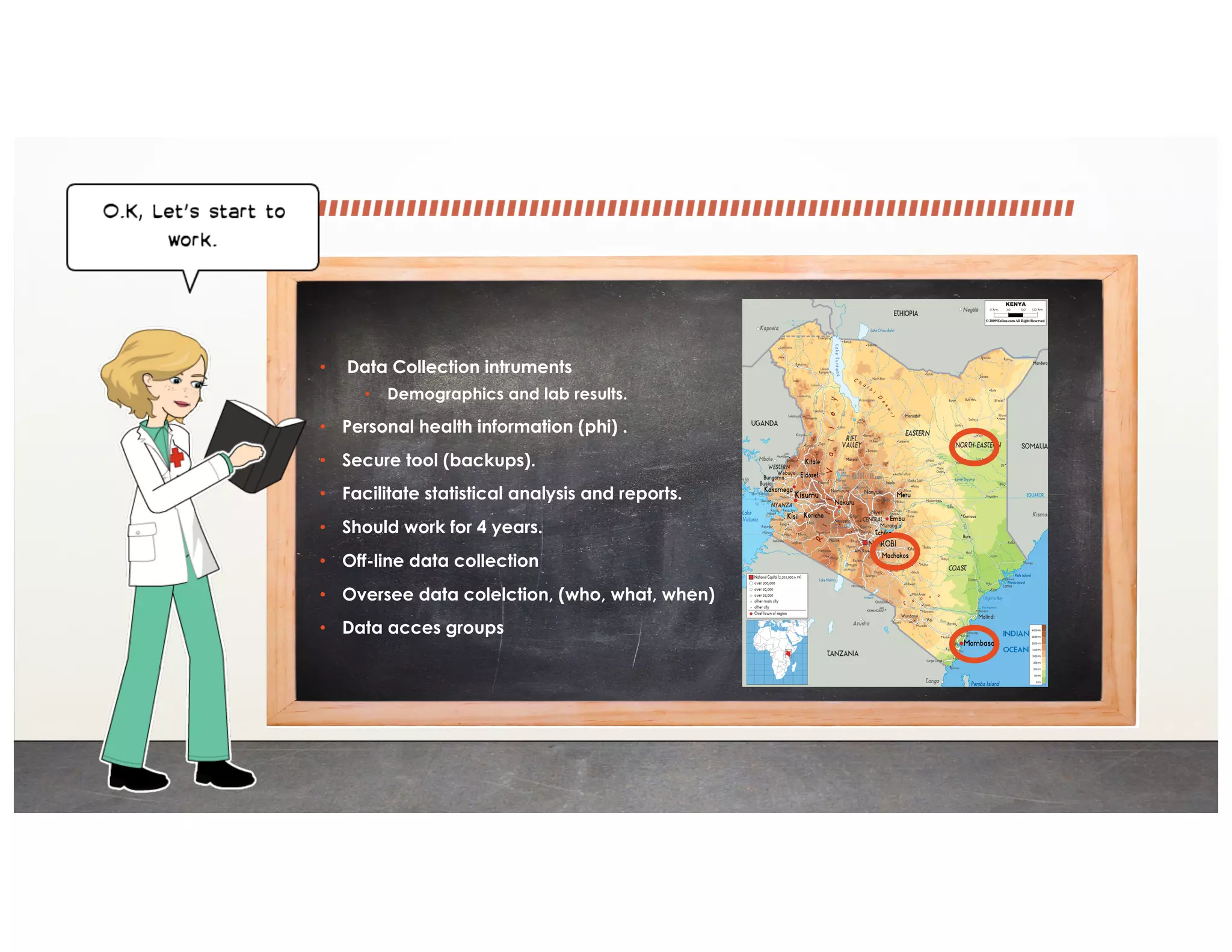 • Data Collection intruments
• Demographics and lab results.
• Personal health information (phi) .
• Secure tool (backups).
• Facilitate statistical analysis and reports.
• Should work for 4 years.
• Off-line data collection
• Oversee data colelction, (who, what, when)
• Data acces groups
 