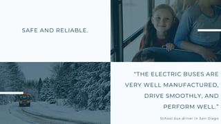 “THE ELECTRIC BUSES ARE
VERY WELL MANUFACTURED,
DRIVE SMOOTHLY, AND
PERFORM WELL.”
School bus driver in San Diego
SAFE AND RELIABLE.
 