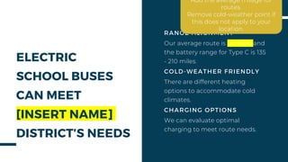 ELECTRIC
SCHOOL BUSES
CAN MEET
[INSERT NAME]
DISTRICT’S NEEDS
There are different heating
options to accommodate cold
climates.
COLD-WEATHER FRIENDLY
We can evaluate optimal
charging to meet route needs.
CHARGING OPTIONS
Our average route is xx miles and
the battery range for Type C is 135
- 210 miles.
RANGE ALIGNMENT
Add the average milage for
routes.
Remove cold-weather point if
this does not apply to your
location.
 