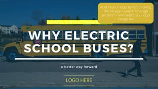 SCHOOL DISTRICT/NAME HERE
WHY ELECTRIC
SCHOOL BUSES?
A better way forward
Add in your logo by left clicking
the image > select “change
picture” > and select you logo
image file
 