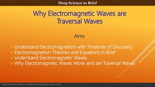 Deep Science in Brief
Aims:
 Understand Electromagnetism with Timelines of Discovery
 Electromagnetism Theories and Equations in Brief
 Understand Electromagnetic Waves
 Why Electromagnetic Waves Move and are Traversal Waves
Why Electromagnetic Waves are
Traversal Waves
Nalaka Dissanayake, Electronic and Telecommunication Engineer, Senior Lecturer
 