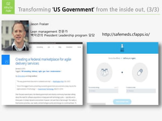 Transforming ‘US Government’ from the inside out. (3/3)
02
WhyDo
Agile
http://safemeds.cfapps.io/
Jason Fraiser
Lean management 전문가
백악관의 President Leadership program 담당
 