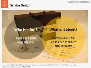 Service Design
01
What Is
Agile
Customer Collaboration
<iframe width="560" height="315" src="https://www.youtube.com/embed/Ml3jx33zI2M" frameborder="0" allowfullscreen></iframe>
https://www.youtube.com/watch?v=Ml3jx33zI2M
Who is it for ?
죽음을 앞둔 암환자와
가족을 위한 서비스
What is it about?
일상에서 서로의 감정을
표현할 수 있는 온-오프라인
TOOL KIT & APP
 