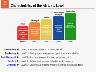 Characteristics of the Maturity Level
01
What
• Level 1 - Success depends on individual effort
• Level 2 - Basic project management practices are established
• Level 3 - Standard process throughout organization
• Level 4 - Detailed metrics are collected and evaluated
• Level 5 - Continuous process improvement via metrics feedback
Uncertainty ▶
Awakening ▶
Enlightenment ▶
Wisdom ▶
Certainty ▶
 