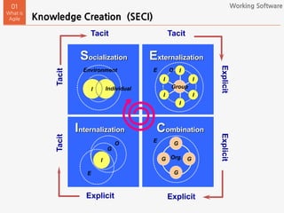 Knowledge Creation (SECI)
01
What is
Agile
Working Software
Explicit
Explicit
Tacit
Explicit
Explicit
Tacit Socialization Externalization
Internalization Combination
O
G
E
I
Environment
Individual
I G
G
G
G
Org.
E
I
I
I
I
I
Group
IE O
 