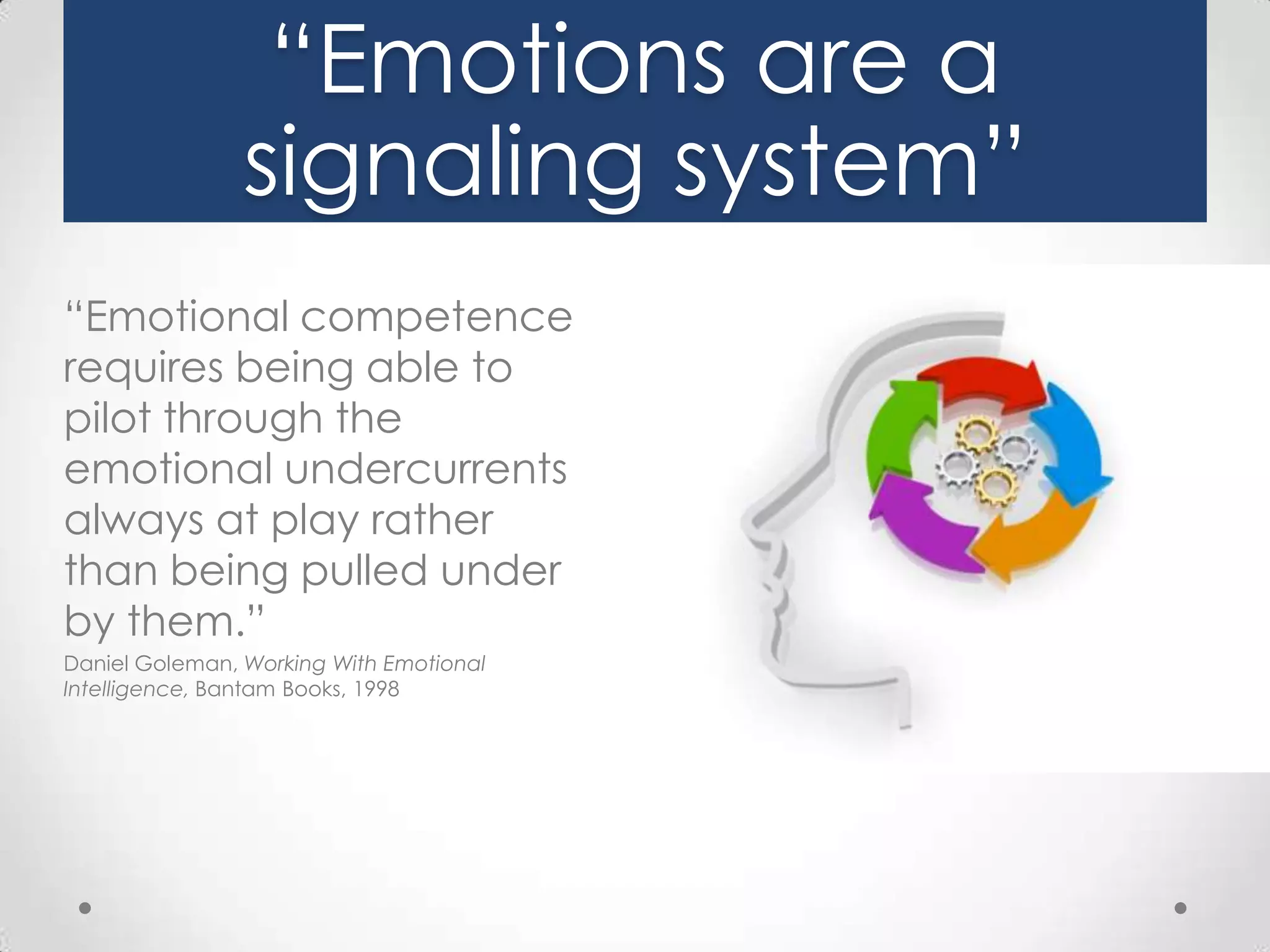 “Emotions are a
signaling system”
“Emotional competence
requires being able to
pilot through the
emotional undercurrents
always at play rather
than being pulled under
by them.”
Daniel Goleman, Working With Emotional
Intelligence, Bantam Books, 1998

 