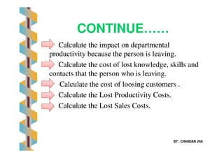 CONTINUE……CONTINUE……
Calculate the impact on departmentalCalculate the impact on departmental
productivity because the person is leaving.productivity because the person is leaving.
Calculate the cost of lost knowledge, skills andCalculate the cost of lost knowledge, skills and
contacts that the person who is leaving.contacts that the person who is leaving.
Calculate the cost of loosing customers .Calculate the cost of loosing customers .
Calculate the Lost Productivity Costs.Calculate the Lost Productivity Costs.
Calculate the Lost Sales Costs.Calculate the Lost Sales Costs.
BY : CHANDAN JHA
 