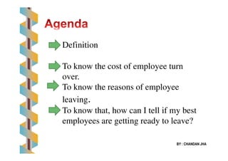 Definition
To know the cost of employee turn
over.
BY : CHANDAN JHA
over.
To know the reasons of employee
leaving.
To know that, how can I tell if my best
employees are getting ready to leave?
 