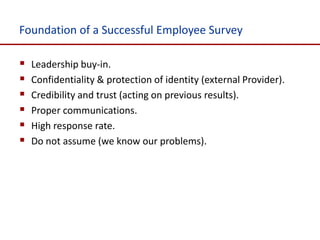 Foundation of a Successful Employee Survey

   Leadership buy-in.
   Confidentiality & protection of identity (external Provider).
   Credibility and trust (acting on previous results).
   Proper communications.
   High response rate.
   Do not assume (we know our problems).
 