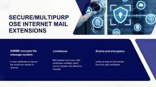 SECURE/MULTIPURP
OSE INTERNET MAIL
EXTENSIONS
S/MIME encrypts the
message content.
It uses certificates to secure
the email from sender to
receiver.
Limitations
Both parties must have valid
certificates installed, which
can be complex and difficult to
manage.
End-to-end encryption
works as long as both parties
have the right certificates.
 