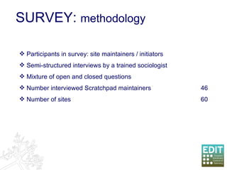 SURVEY:  methodology Participants in survey: site maintainers / initiators Semi-structured interviews by a trained sociologist Mixture of open and closed questions Number interviewed Scratchpad maintainers  46 Number of sites  60 