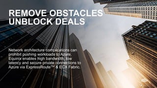 Equinix.com | © 2019 Equinix, Inc.Equinix.com | © 2019 Equinix, Inc.
REMOVE OBSTACLES
UNBLOCK DEALS
Network architecture complications can
prohibit pushing workloads to Azure.
Equinix enables high bandwidth, low
latency and secure private connections to
Azure via ExpressRouteTM & ECX Fabric.
 