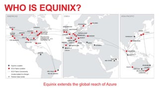 WHO IS EQUINIX?
7
Equinix extends the global reach of Azure
AMERICAS EMEA ASIA-PACIFIC
Equinix Location
ECX Fabric Location
ECX Fabric Connectivity
(routes subject to change)
Partner Data Center
SILICON
VALLEY
MADRID
LISBON
BARCELONA
SEVILLE
SHANGHAI
DALLAS
WASHINGTON ,D.C.
BOGOTÁ
LOS ANGELES
CHICAGO
SINGAPORE
HONG KONG
TOKYO
OSAKA
JAKARTA
BRISBANE
SYDNEY
ADELAIDE
MELBOURNE
CANBERRA
PERTH
SEATTLE
DENVER
ATLANTA
HOUSTON
CULPEPER, VA
MIAMI
TORONTO
DÜSSELDORF
FRANKFURT
MUNICH
HELSINKI
STOCKHOLM
WARSAW
ISTANBUL
SOFIAZURICH MILAN
DUBAI
ABU DHABI
LONDON
DUBLIN
SÃO PAULO
RIO DE JANEIRO
AMSTERDAM
MANCHESTER
PARIS
GENEVA
BOSTON
NEW YORK
PHILADELPHIA
 