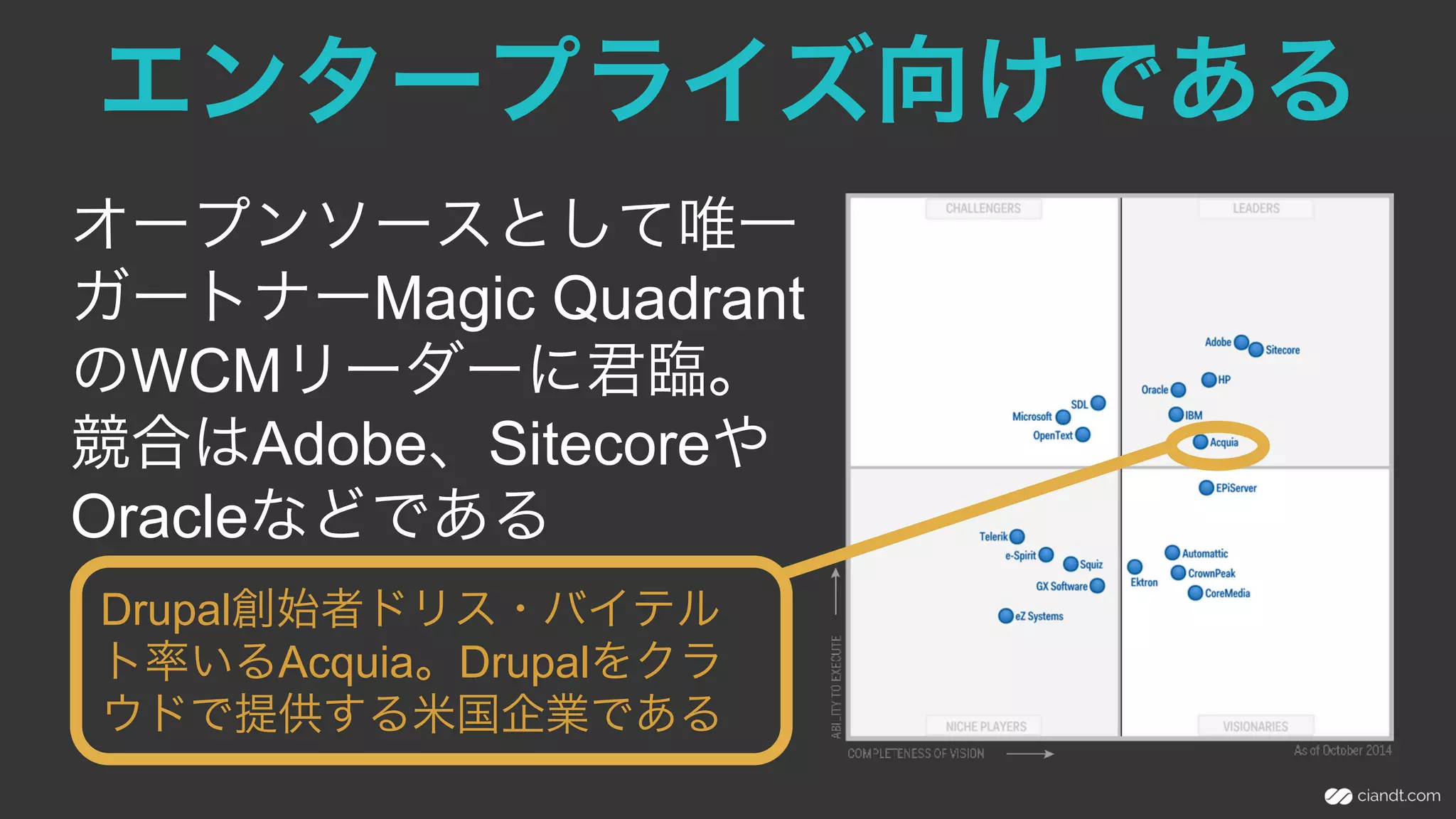 エンタープライズ向けである
オープンソースとして唯一
ガートナーMagic Quadrant
のWCMリーダーに君臨。
競合はAdobe、Sitecoreや
Oracleなどである
Drupal創始者ドリス・バイテル
ト率いるAcquia。Drupalをクラ
ウドで提供する米国企業である
 
