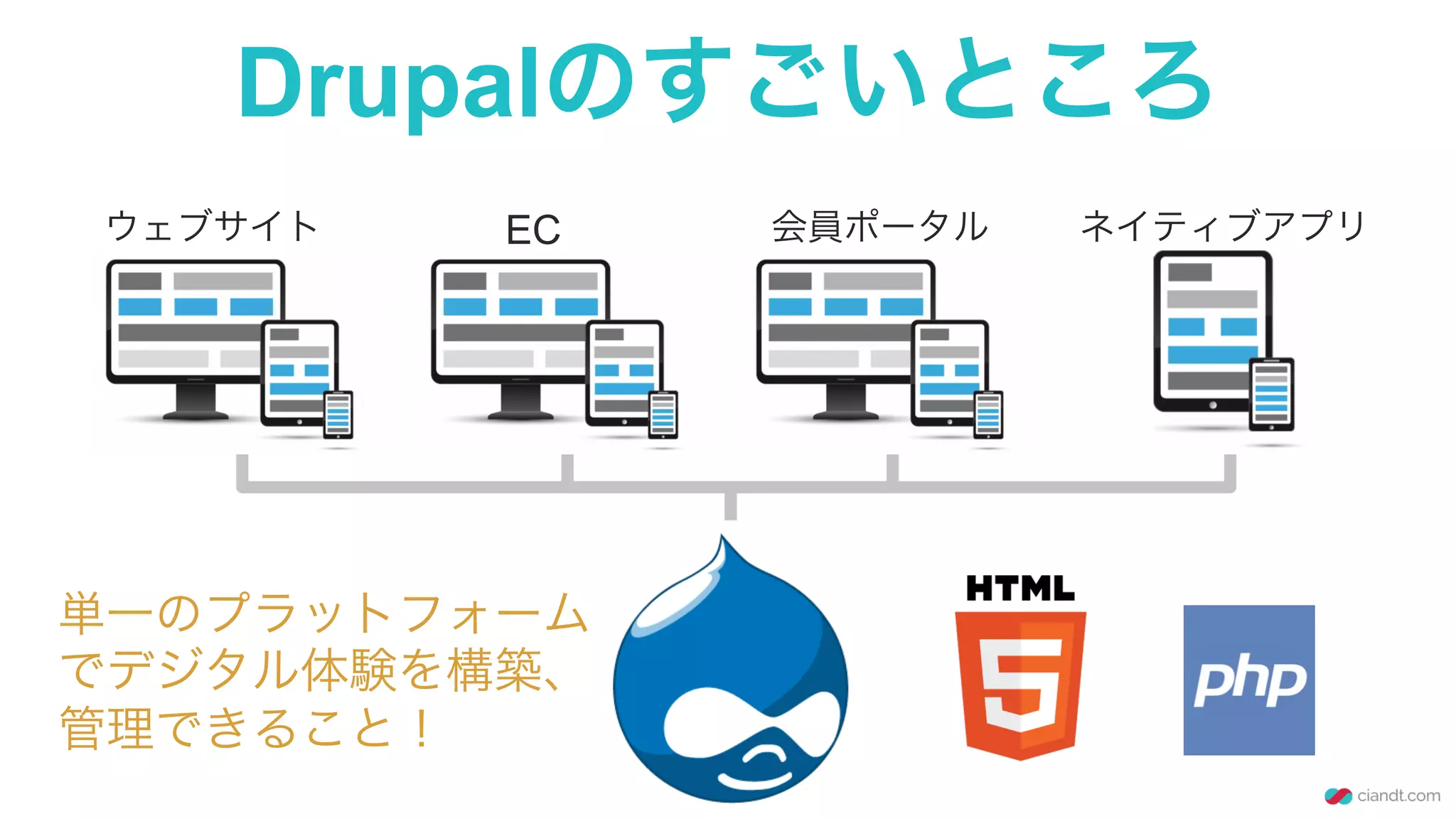 Drupalのすごいところ
ウェブサイト EC 会員ポータル ネイティブアプリ
単一のプラットフォーム
でデジタル体験を構築、
管理できること！
 