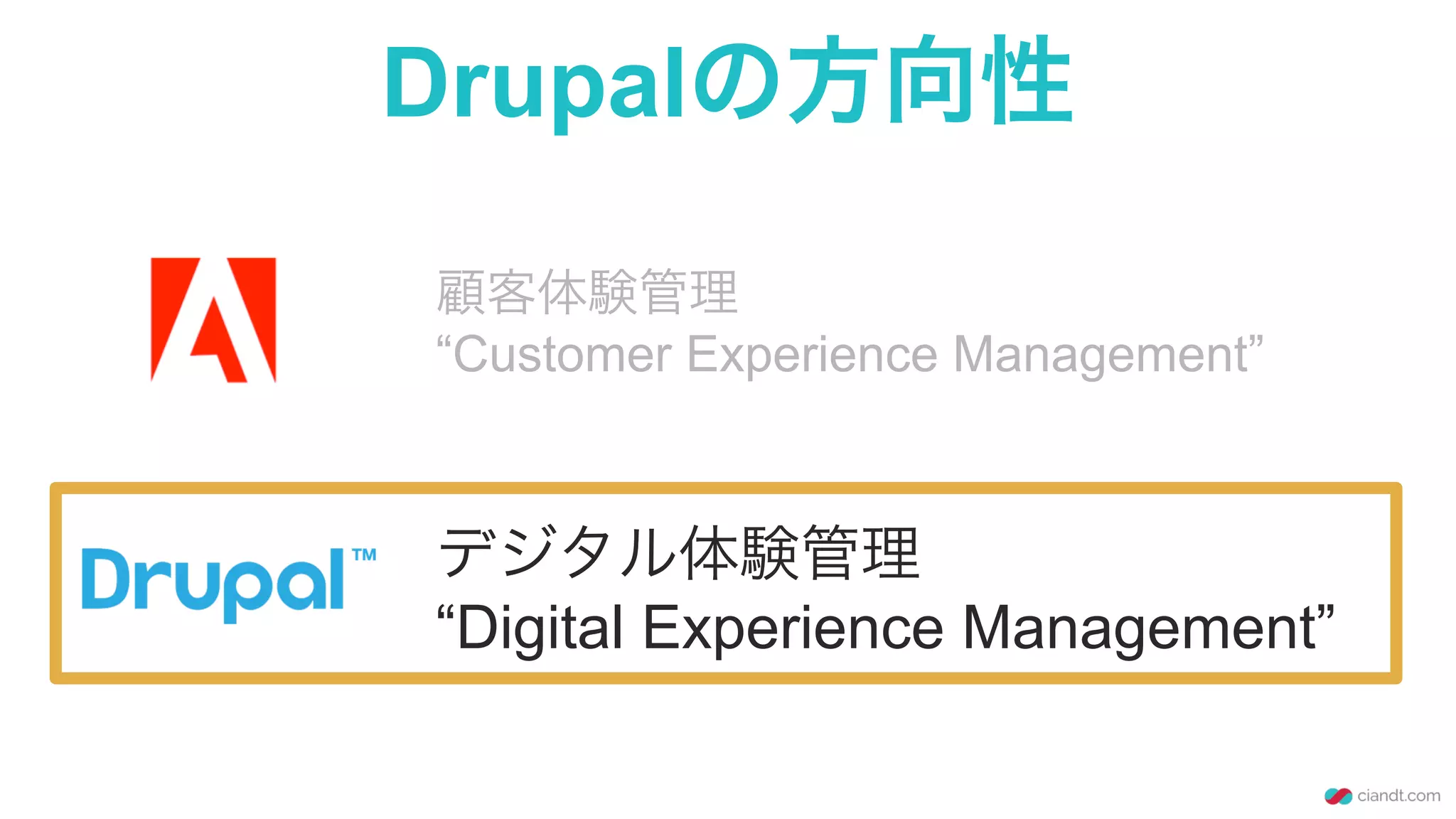 Drupalの方向性
顧客体験管理
“Customer Experience Management”
デジタル体験管理
“Digital Experience Management”
 