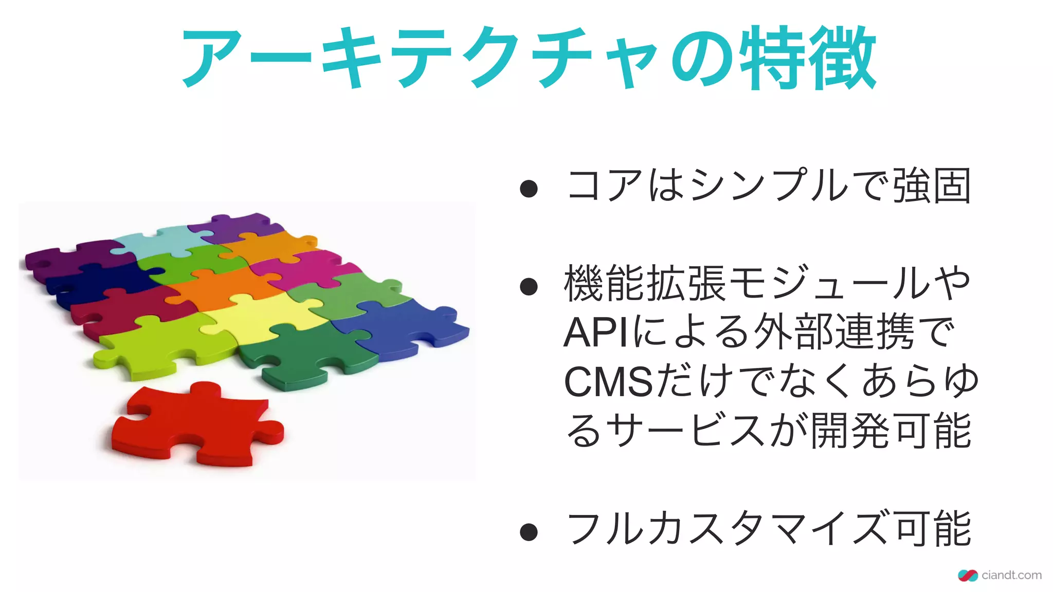アーキテクチャの特徴
●  コアはシンプルで強固
●  機能拡張モジュールや
APIによる外部連携で
CMSだけでなくあらゆ
るサービスが開発可能
●  フルカスタマイズ可能
 
