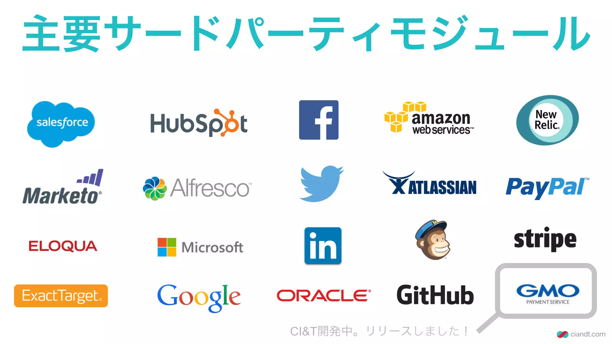 主要サードパーティモジュール
CI&T開発中。リリースしました！
 