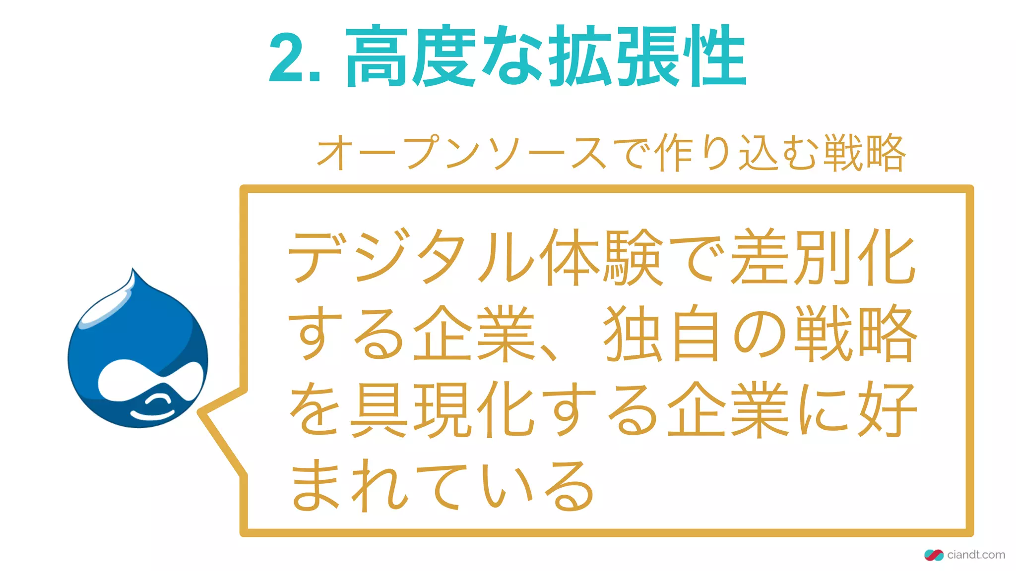 2. 高度な拡張性
デジタル体験で差別化
する企業、独自の戦略
を具現化する企業に好
まれている
オープンソースで作り込む戦略
 