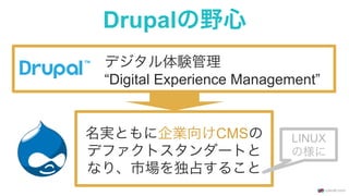Drupalの野心
デジタル体験管理
“Digital Experience Management”
名実ともに企業向けCMSの
デファクトスタンダートと
なり、市場を独占すること
LINUX
の様に
 