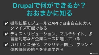 Drupalで何ができるか？
おおまかに知る
機能拡張モジュールとAPIで自由自在にカス
タマイズ可能である
ディストリビューション、マルチサイト、多
言語対応など企業ユースに適している
ガバナンス強化、アジリティ向上、ブランド
体験価値の統合を実現できる
 