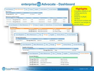enterprise Advocate - Dashboard
October 21, 2015 17
Highlights
• Complete visibility to all
mailing spends by
location.
• Detail for multiple
vendors.
• All account numbers are
stored in one simple to
access place.
*The data above is for demonstrative purposes only. Data does not represent true spends and costs.
 