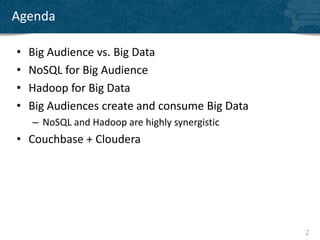 Agenda

•   Big Audience vs. Big Data
•   NoSQL for Big Audience
•   Hadoop for Big Data
•   Big Audiences create and consume Big Data
    – NoSQL and Hadoop are highly synergistic
• Couchbase + Cloudera




                                                2
 