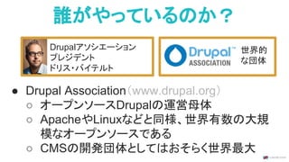 誰がやっているのか？
Drupalアソシエーション
プレジデント
ドリス・バイテルト
● Drupal Association（www.drupal.org）
○ オープンソースDrupalの運営母体
○ ApacheやLinuxなどと同様、世界有数の大規
模なオープンソースである
○ CMSの開発団体としてはおそらく世界最大
世界的
な団体
 