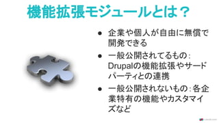 機能拡張モジュールとは？
● 企業や個人が自由に無償で
開発できる
● 一般公開されてるもの：
Drupalの機能拡張やサード
パーティとの連携
● 一般公開されないもの：各企
業特有の機能やカスタマイ
ズなど
 