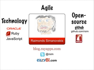 Agile
                                     Open-
Technology                           source
                                     github.com/rsim
    Ruby
 JavaScript
              Raimonds Simanovskis



                       @rsim

                         .com
 