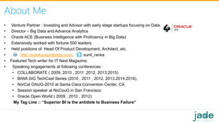 About Me
• Venture Partner : Investing and Advisor with early stage startups focusing on Data.
• Director – Big Data and Advance Analytics
• Oracle ACE (Business Intelligence with Proficiency in Big Data)
• Extensively worked with fortune 500 leaders.
• Held positions of Head Of Product Development, Architect, etc.
• http://sranka.wordpress.com, sunil_ranka
• Featured Tech writer for IT Next Magazine.
• Speaking engagements at following conferences :
• COLLABORATE ( 2009, 2010 , 2011 ,2012, 2013,2015)
• BIWA SIG TechCast Series (2010 , 2011 , 2012, 2013,2014,2016),
• NorCal OAUG-2010 at Santa Clara Convention Center, CA
• Session speaker at NoCouG in San Francisco
• Oracle Open World ( 2009 , 2010 , 2012)
My Tag Line :: “Superior BI is the antidote to Business Failure”
 