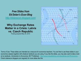 Free Slides fromEd Dolan’s Econ Bloghttp://dolanecon.blogspot.com/Why Exchange Rates Matter in a Crisis: Latvia vs. Czech RepublicPosting prepared May 24, 2010 Terms of Use: These slides are intended as a resource for economics teachers. You are free to use these slides in your economics classes together with whatever textbook you are using. If you like the slides, you may also want to take a look at my textbook, Introduction to Economics, BVT Publishers   http://www.bvtpublishing.com/disciplines.php?Economics . Check dolanecon.blogspot.com regularly for more slides like this 
